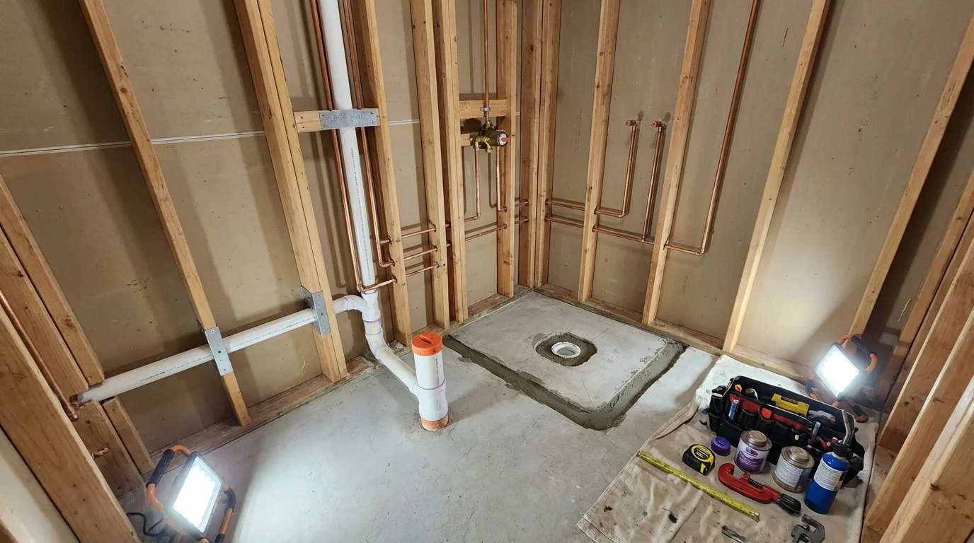 Bathroom rough-in plumbing during remodel by Johns Plumbing LLC in Arvada