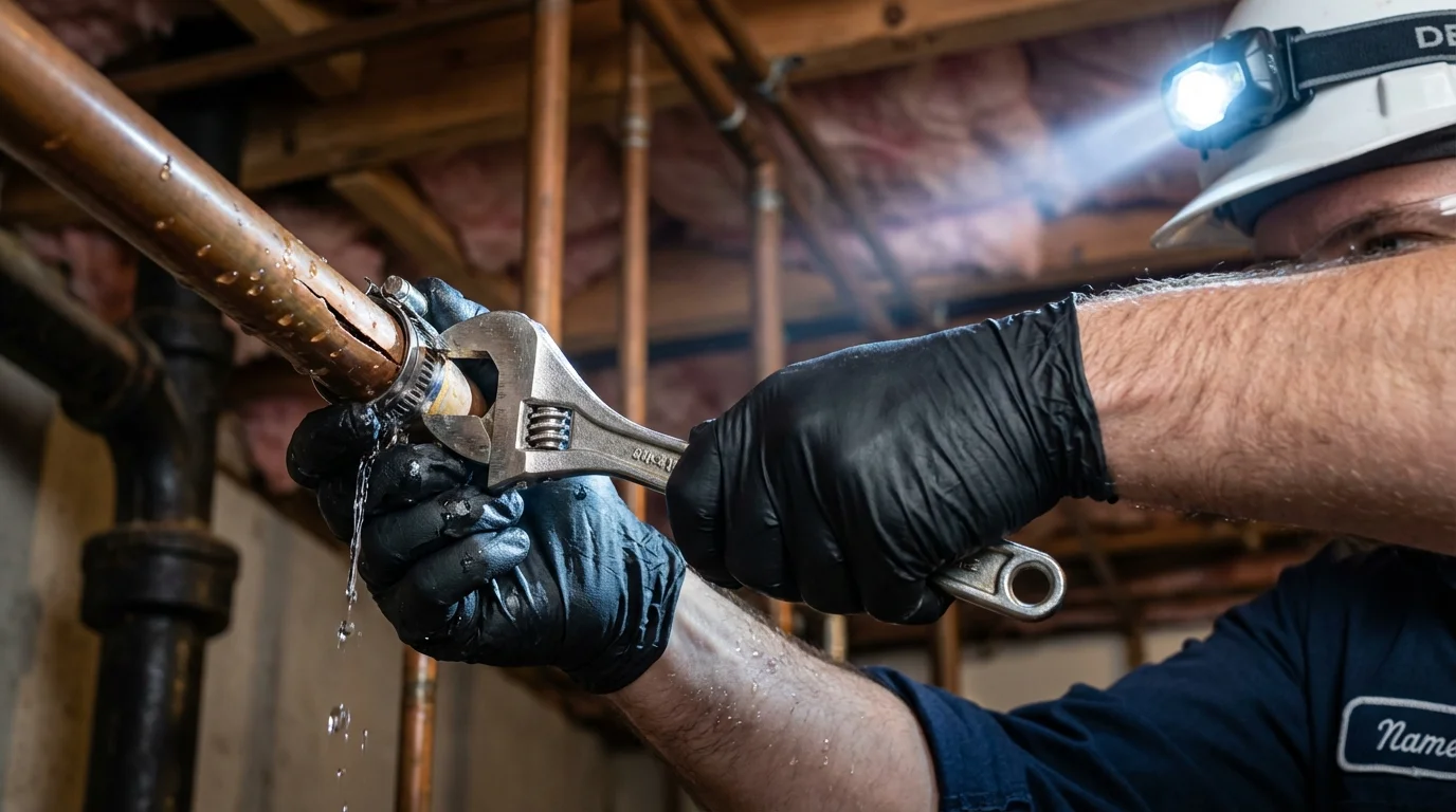 Emergency pipe clamp repair being performed by a Johns Plumbing LLC plumber in Arvada