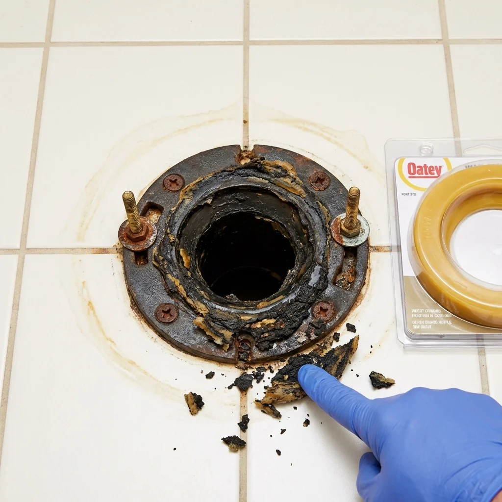 Failed wax ring showing water seepage at the base of a toilet in a Arvada, CO home