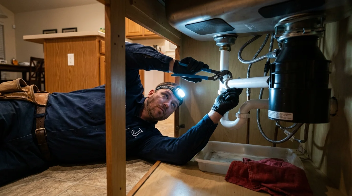 P-trap and supply line connections under a kitchen sink showing a common leak point in Arvada, CO